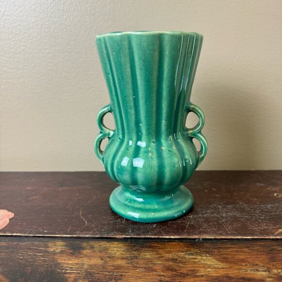 Vintage 40s 50s 60s McCoy Green Blue Turquoise Teal Double Handle Urn Vase - Picture 3 of 9